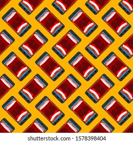 Phone is screaming pattern seamless. Smartphone with an open mouth swears background. Angry gadget vector illustration texture