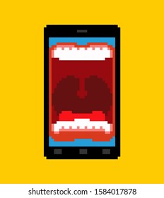 Phone is screaming pixel art. 8 bit Smartphone with an open mouth swears. Angry gadget pixelated 