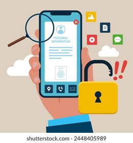 Phone screen with Blocked Account on Screen. Hacking and exploit results. Flat vector Illustration.