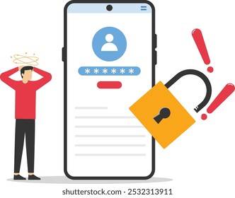 Tela do telefone com conta bloqueada na tela. Hacking de informações on-line. Ilustração de vetor plano.

