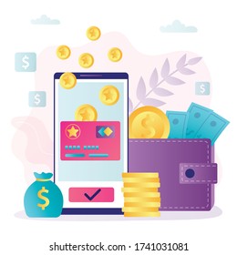 Phone screen with bonus card and cashback for clients. Concept of loyalty program and earning points. Reward program banner. Reward gifts and money for purchases. Trendy flat vector illustration