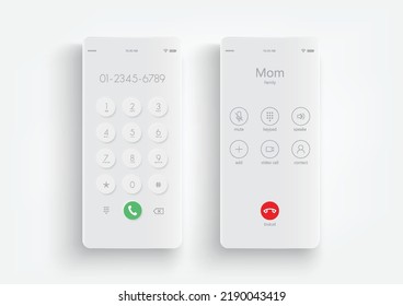 Phone screen call mockup. Mobile device interface template. Incoming call smartphone display. Keypad for template in touchscreen device.