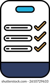 A phone screen with a check mark in the middle. The check mark is yellow and black. The phone screen is white and blue