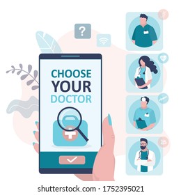 Phone screen with chosen therapist. Choosing specialist by smartphone. Doctors team portraits. Concept of medical services and healthcare. Mobile app helps patient find doctor.Flat vector illustration