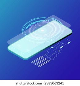 phone screen design with technological and electronic glowing processes in an isometric projection with HUD elements.Futuristic technology concept. 3d round HUD element. Big data infographics.  