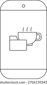 A phone screen displays a folder and a steaming coffee cup