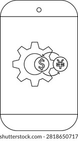 Phone screen displays a gear turning with a dollar and yen sign indicating currency exchange or finance app
