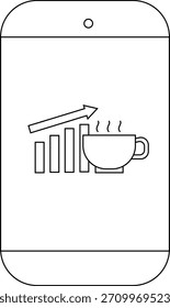 A phone screen displays a graph with an arrow going up next to a cup of coffee