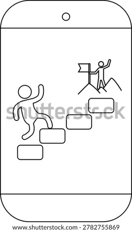A phone screen displays a person ascending stairs aiming for a figure with a flag atop mountains