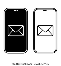 Phone screen with email icon. Set of black and white message symbols. Editable stroke