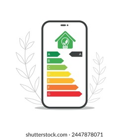 Phone screen with energy efficiency rating on screen. Save energy concept. Monitoring and control of energy consumption via app