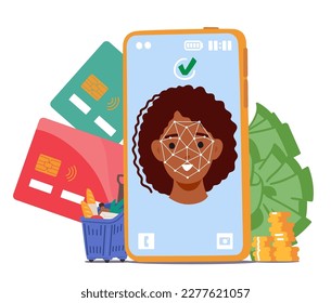 Pantalla Telefónica Con Reconocimiento De Cara. Concepto De Protección De Datos, Ciberseguridad, Seguridad Móvil O Tema De Autenticación Biométrica Para Compras O Banca En Línea. Ilustración de vectores de personas de caricatura