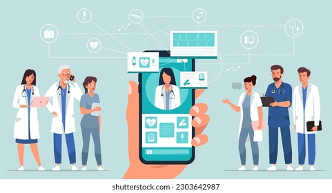 Phone screen with faceless therapist on chat in messenger and online consultation. Online medical advise, consultation service and telemedicine. Cartoon flat illustration