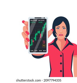 Pantalla telefónica con gráfico de operaciones financieras. Operaciones en la bolsa de valores financiera. Concepto de comercio. Bolsa de valores. Mercado de divisas. Diseño plano de ilustración vectorial. 
