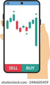 Telefonbildschirm mit Finanzhandelsdiagramm. Handel an der Finanzbörse. Konzept des Handels. Börse. Devisenmarkt. Flaches Design der Vektorillustration.

