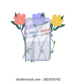 Phone screen and flowers on a white background, a vector graphics