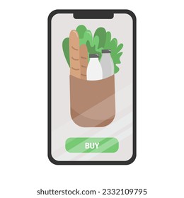 Phone screen with food and grocery goods in eco packaging from a supermarket after shopping time. Online shopping and delivery concept.