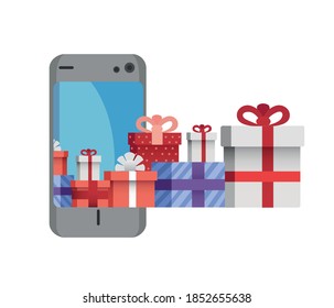 phone screen and gift packs. online shopping concept.
