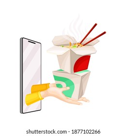 Phone Screen with Hands Handing Over Chinese Food in Boxes Vector Illustration