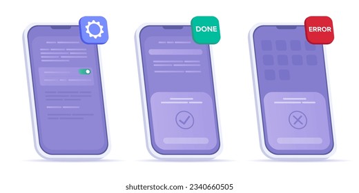 Phone Screen Interface 3D Kit: Settings Screen, Error and Success Messages. Mobile Settings Interface Menu, Error and Done Buttons Isometric Style. Popup Window Ui Design flat vector stock graphics