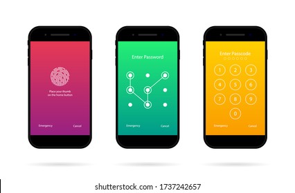 Phone screen with lock. Mobile password, passcode. Ui in smartphone for security. Unlock code in cellphone. Lockscreen for user with account key. Smart display with fingerprint, swipe, login. Vector.
