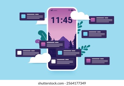 Phone screen with lots of push notifications - Mobile smartphone in front view with many messages, alerts and reminders from apps popping up all around. Vector illustration