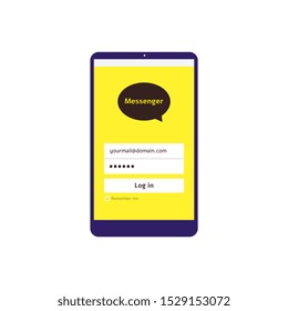 Phone screen with messenger app login page - smartphone display with flat yellow interface of texting application with account username and password forms - isolated vector illustration
