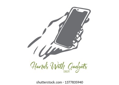 Phone, screen, mobile, hand, device, digital concept. Hand drawn modern smartphone in hand concept sketch. Isolated vector illustration.