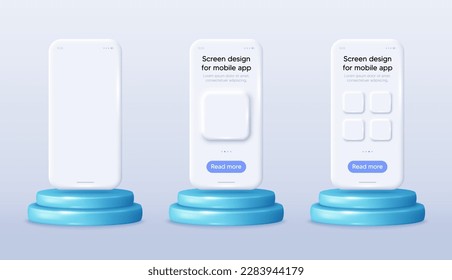 Telefonische Screenshots auf der 3D-Podiumbühne. Handyvorlagen mit Rahmen. Smartphone-App 3d-Design mit Schaltflächen. Erstellen Sie Smartphone-Bildschirmbanner. Produktpräsentation. Vektorgrafik