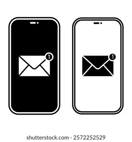 Phone screen with notification with unread email icons. Set of black and white message symbols