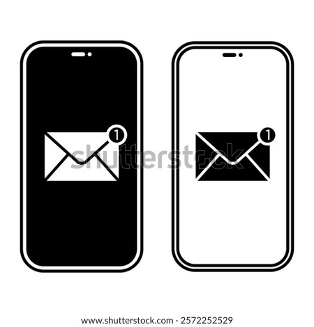 Phone screen with notification with unread email icons. Set of black and white message symbols