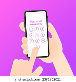Contraseña de la pantalla del teléfono. Plano, color, teléfono en mano, introduciendo un código PIN desde la pantalla. Ilustración del vector