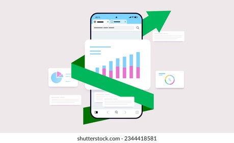 Phone screen with rising chart - Smartphone with green arrow pointing up and rising diagram and graphs. Growth and success concept. Flat design vector illustration