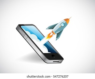 phone screen and rocket illustration design over a white background