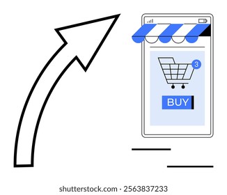 Phone screen with shopping app, cart icon, buy button, blue striped awning, and arrow pointing at app