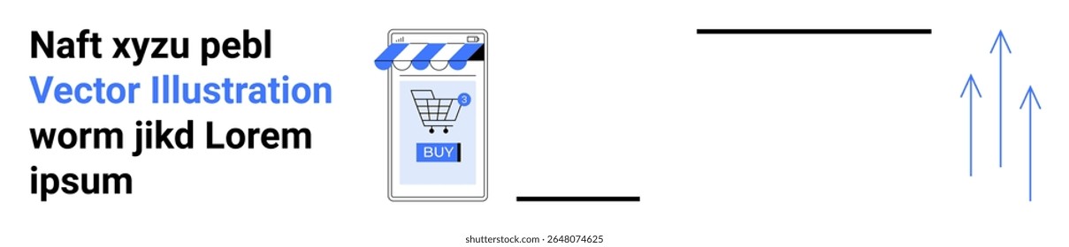 Tela de telefone com carrinho de compras, botão de compra azul e toldo, duas setas para cima azuis. Ideal para e-commerce, aplicativos móveis, lojas on-line, marketing digital, crescimento da empresa, varejo, design UXUI. Aterrissagem