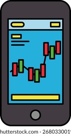 A phone screen shows a graph of a stock market