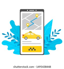 A phone screen with a taxi call application is surrounded by foliage. In a smartphone, a card with pins, a yellow cab and a button. Isolated on white background