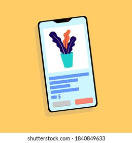 Phone screen top view, product selection for online purchase. Online shopping. Vector illustration in flat style.