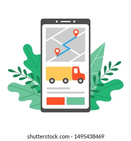 A phone screen with a truck call application surrounded by foliage. Mobile App at the choice of the best carrier and loader for moving, sending cargo or mail. In flat style vector illustration