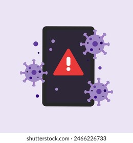 Phone screen with warning virus alert. Technology, website error, internet problem, malware, hacking, scam, fraud concepts. Flat vector design isolated illustration.