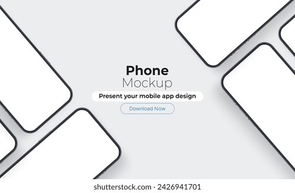 Phone Screens Modern Mockups for Showing App Design, Isolated on White Background. Vector Illustration