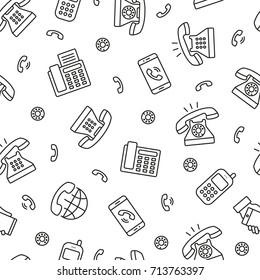 Phone seamless pattern. Tiling textures with thin line black and white icon set