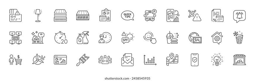 Phone search, Deluxe mattress and Phone protection line icons. Pack of Stand lamp, Qr code, Dot plot icon. Brush, Windmill turbine, Smile pictogram. Card, Bus parking, Web photo. Line icons. Vector