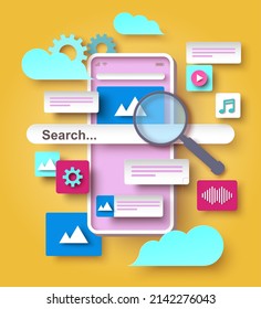 Phone search engine vector. Mobile web browser design. Internet website on smartphone. Information review, research and analysis online