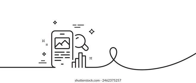 Phone search line icon. Continuous one line with curl. Smartphone app sign. Cellphone mobile device symbol. Phone search single outline ribbon. Loop curve pattern. Vector