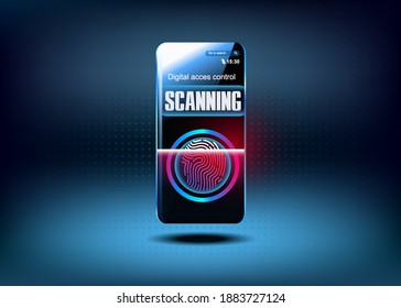 Teléfono con acceso seguro a la huella digital. El teléfono solicita el acceso a la entrada a través de un código de acceso o una huella dactilar. Acceso seguro. Tecnologías cibernéticas del futuro