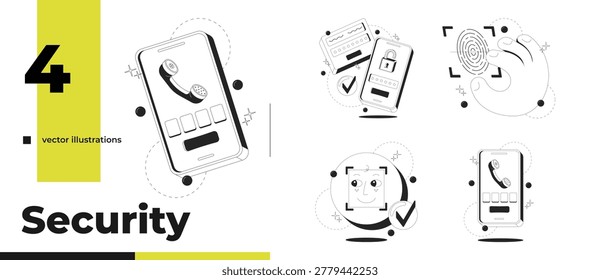Phone security and biometric authentication clean onboarding illustration pack. Fingerprint scan. 2fa user login. Micro UX. Mobile UI app introduction set. Black and white line vector concepts