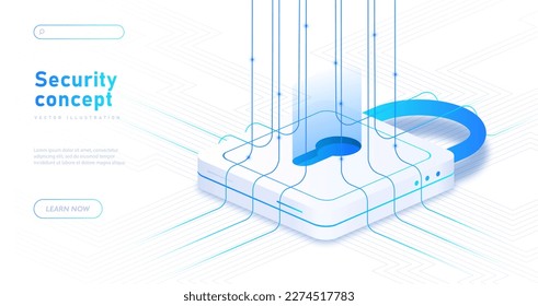 Concepto de seguridad telefónica. Gran candado. Diseño de página de inicio. Acceso al perfil o cuenta, protección de datos personales y seguridad. Verificación y autenticación. Ilustración vectorial isométrica de dibujos animados