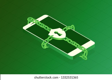 Phone security concept. Protect your privacy vector illustration. Locked phone by chain, log in concepts. For different projects, technology presentation.